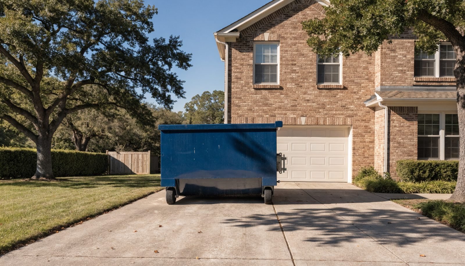 Blue roll-off dumpster parked on a residential driveway in front of a brick home in Huntsville, Alabama